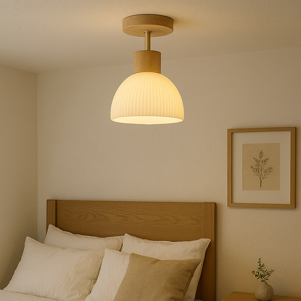 Ceiling Light | Glass Shade Wood Accent Mount