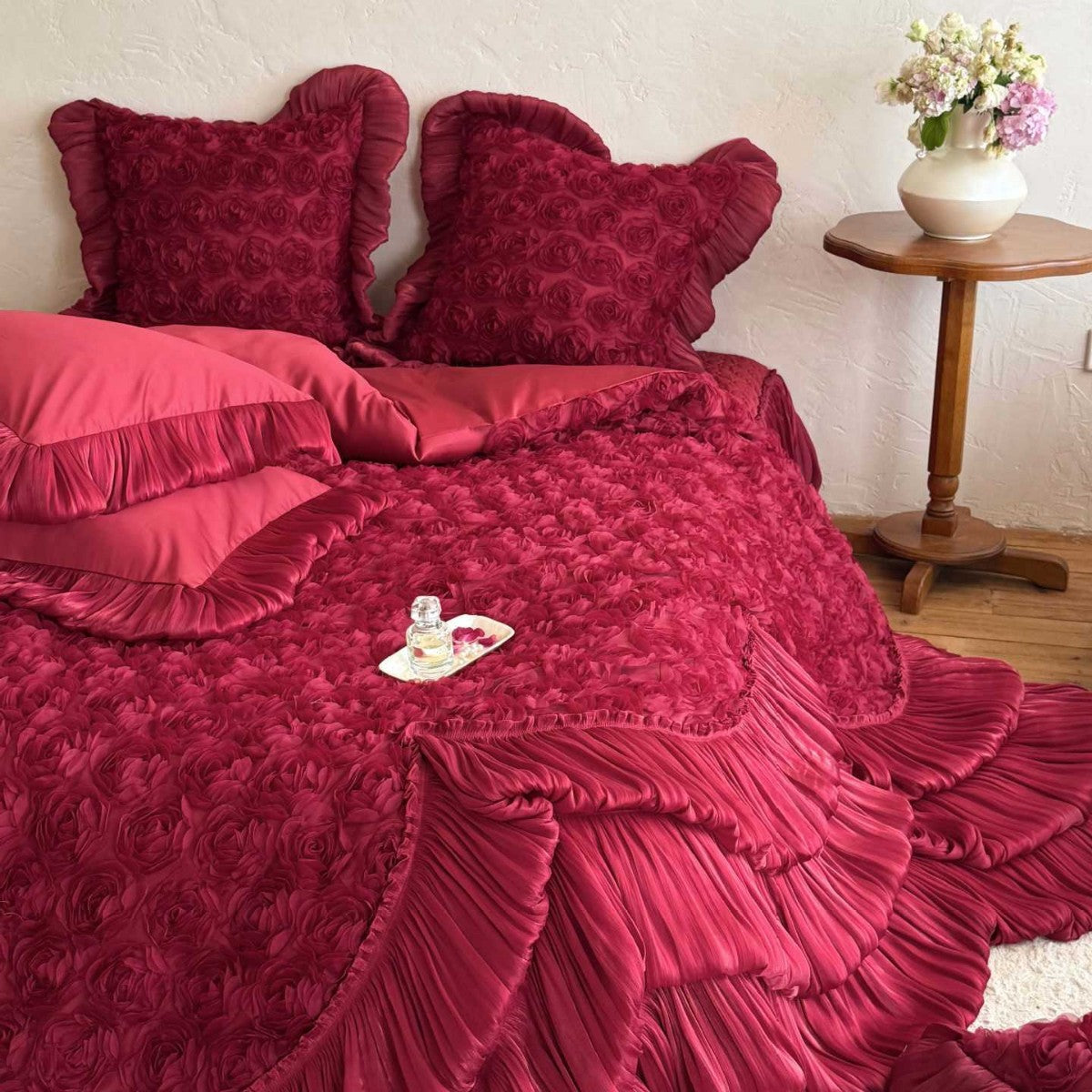 Romantic quilted bedspread with 3D rose appliqué, pleated frills and pillowcases