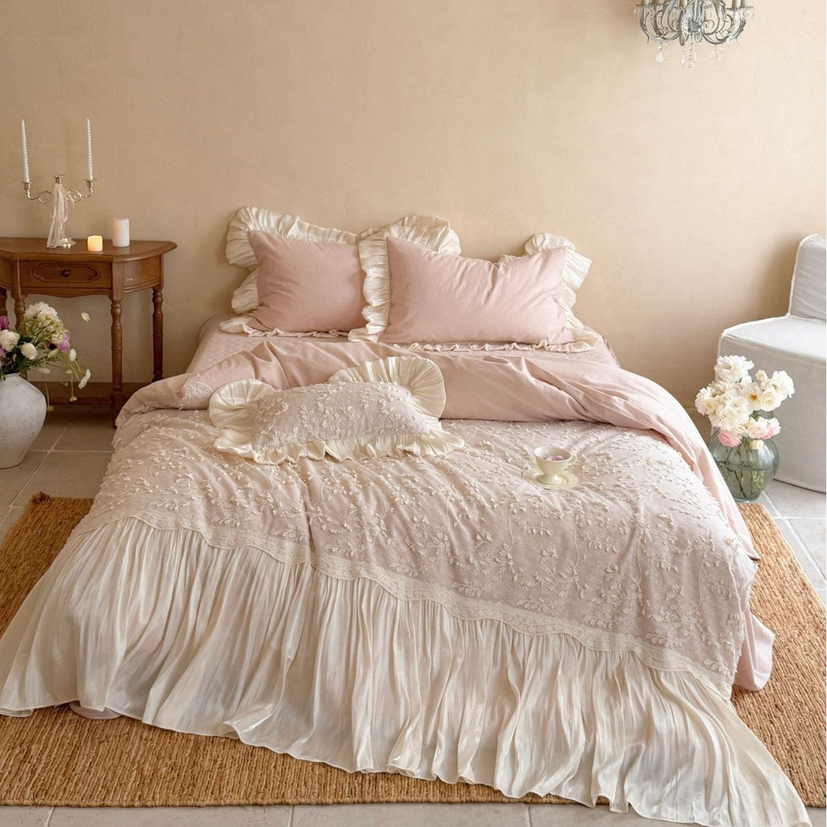 Bedding set with floral relief embroidery, gathered frill and bed skirt