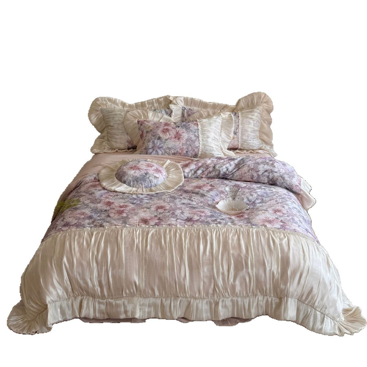 Romantic satin bedding set with floral pattern, ruffle and round cushion