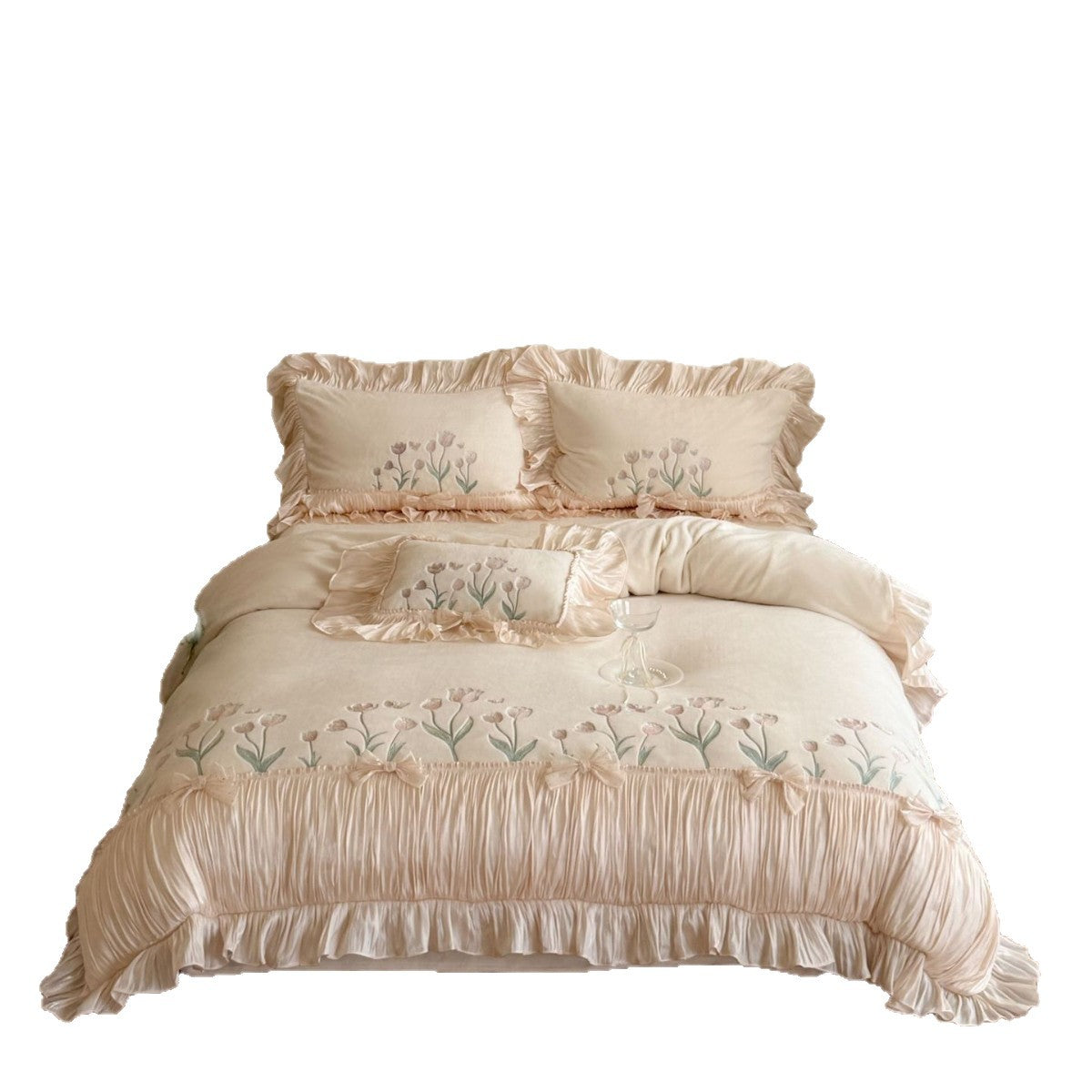 Romantic embroidered bedding set with frills, ruffles, and tulip embroidery