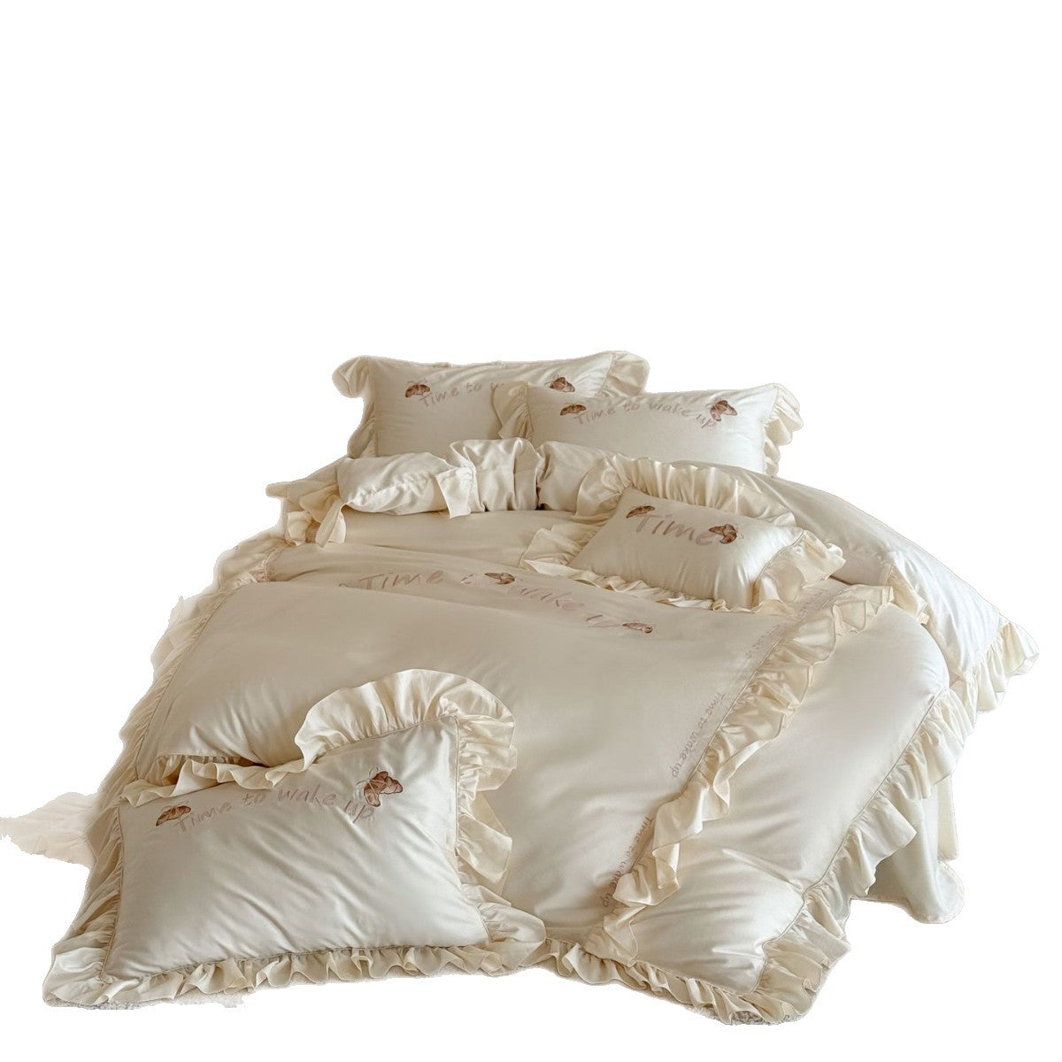 Elegant Ruffled Duvet Cover Set with Embroidered Butterfly Motifs and Silky Shine Surface