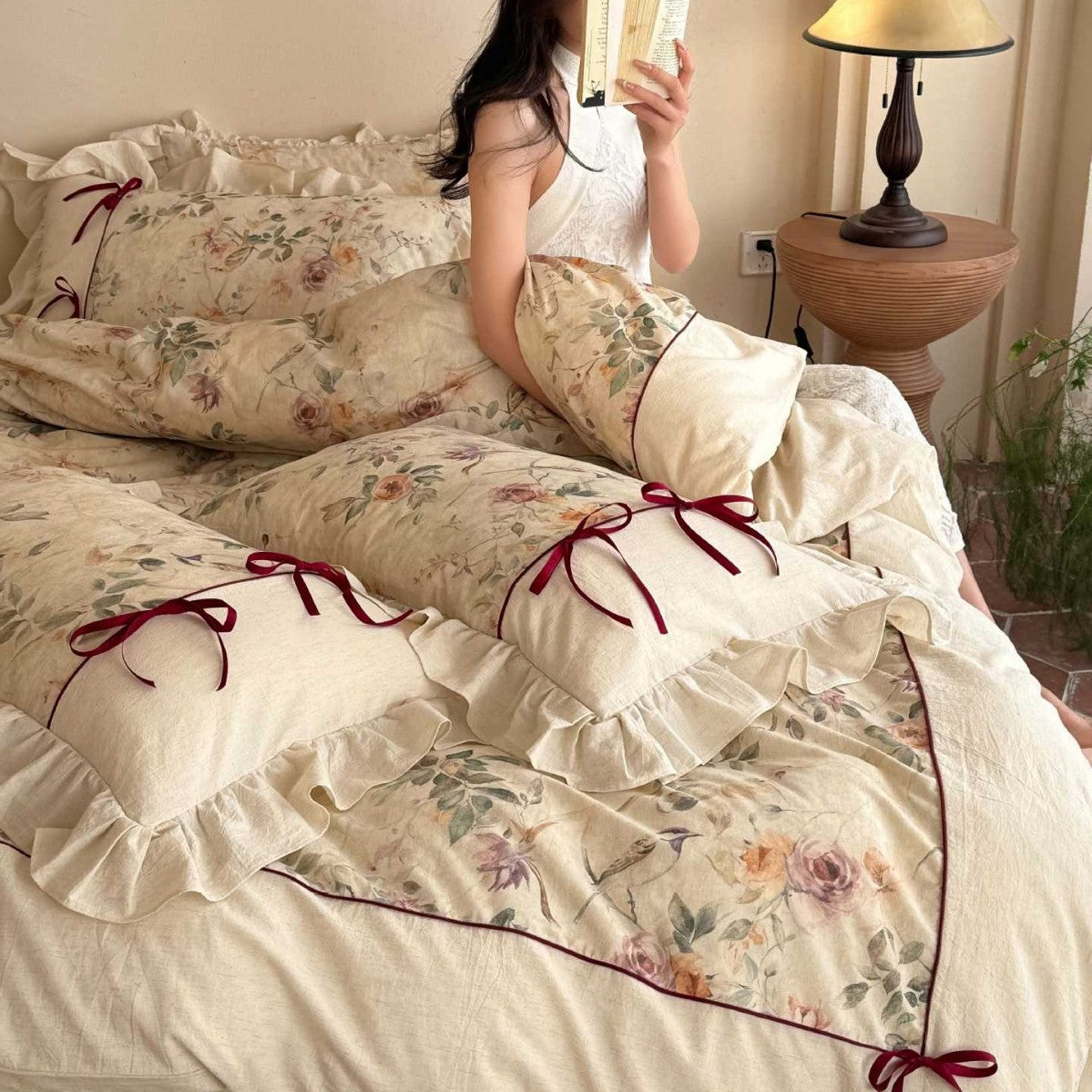 Floral Cotton-Linen Duvet Cover Set with Ruffled Edge, Decorative Piping and Bow Closure