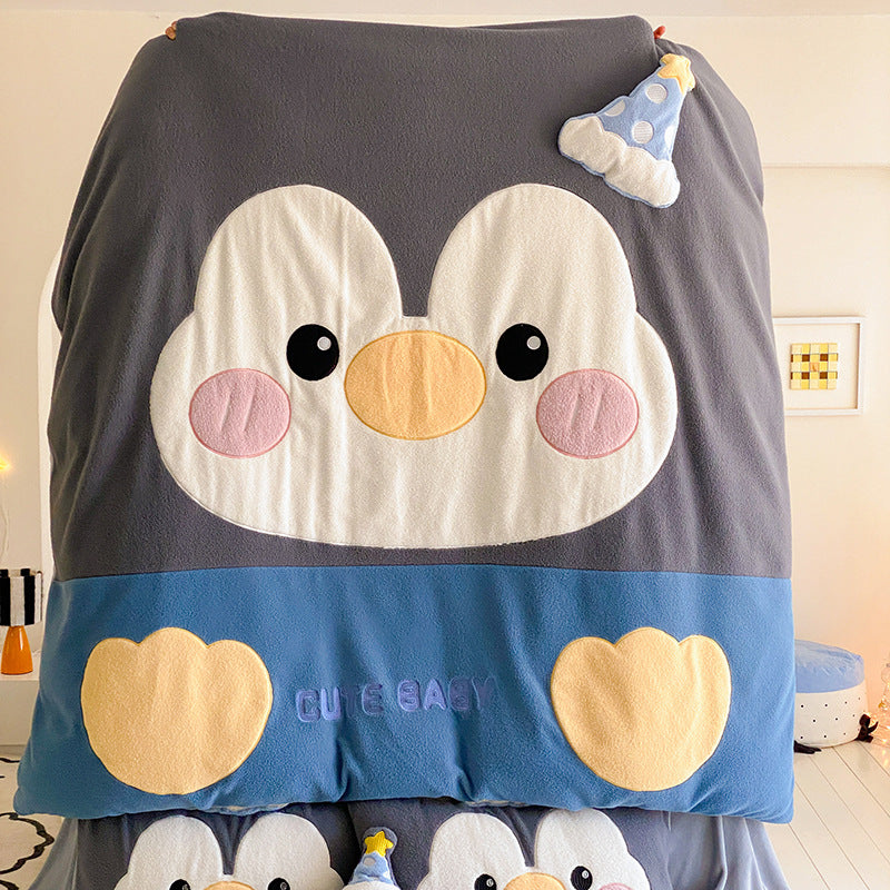 Cozy baby fleece blanket with penguin applique and play mat design