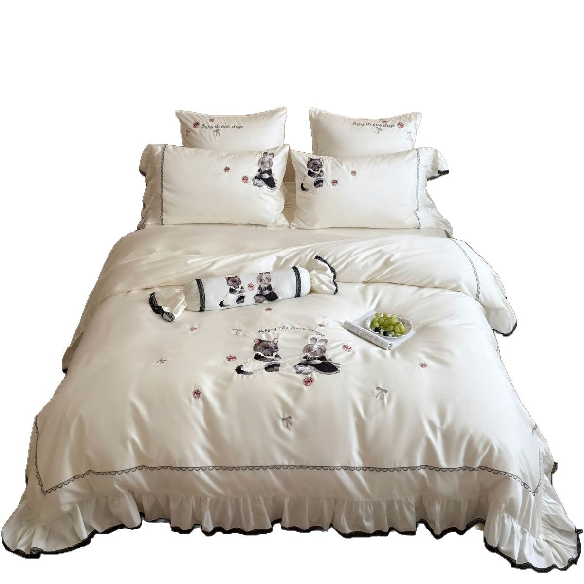 Embroidered satin bedding set with frill, ruffled hem, and animal motif