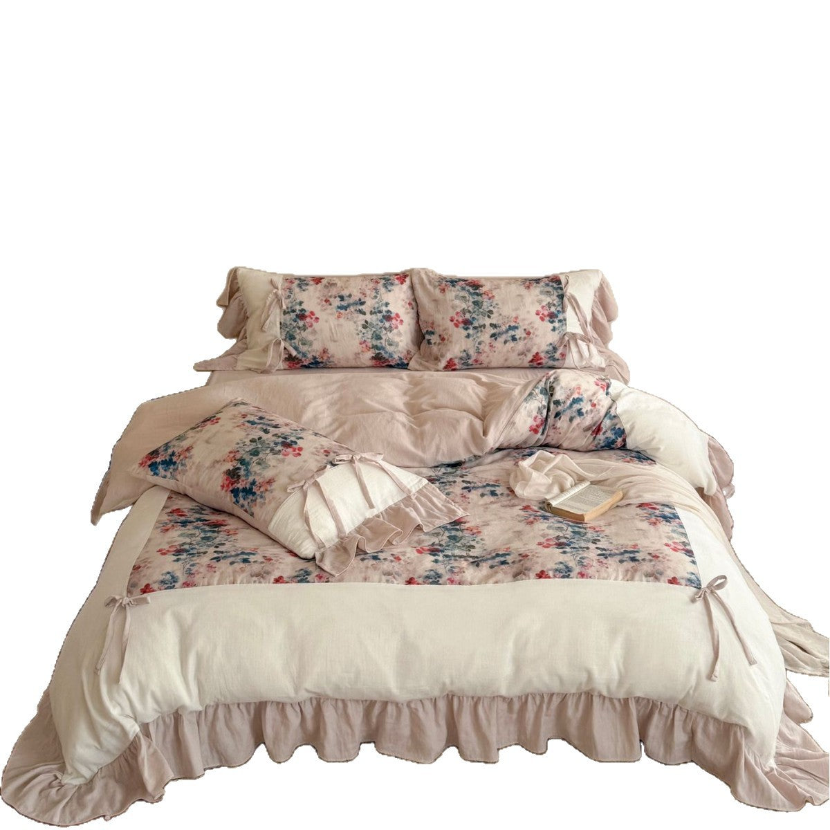 Bedding set with frill, floral watercolor print and tie ribbons
