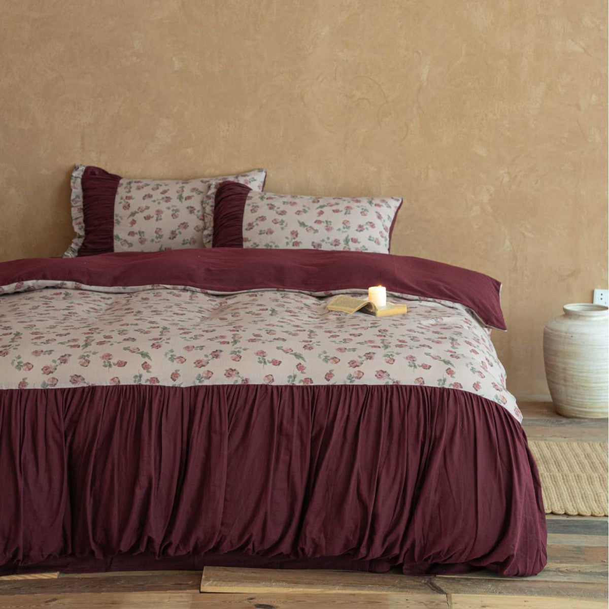 Romantic cotton satin bedding set with ruffled bed skirt and floral print