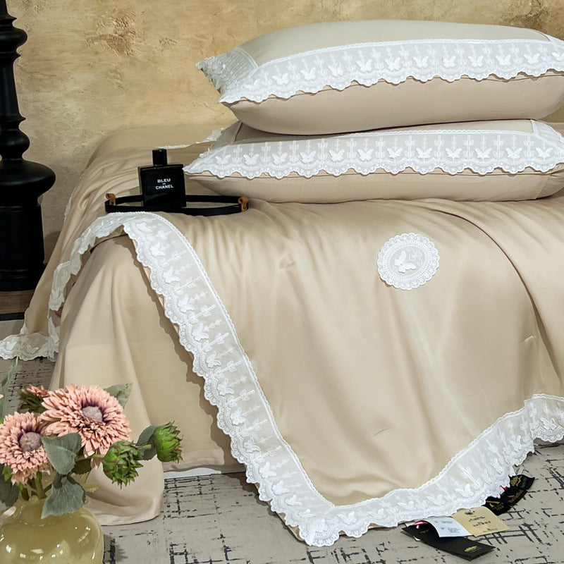 Cotton satin duvet cover set with decorative lace appliqué and embroidered medallion