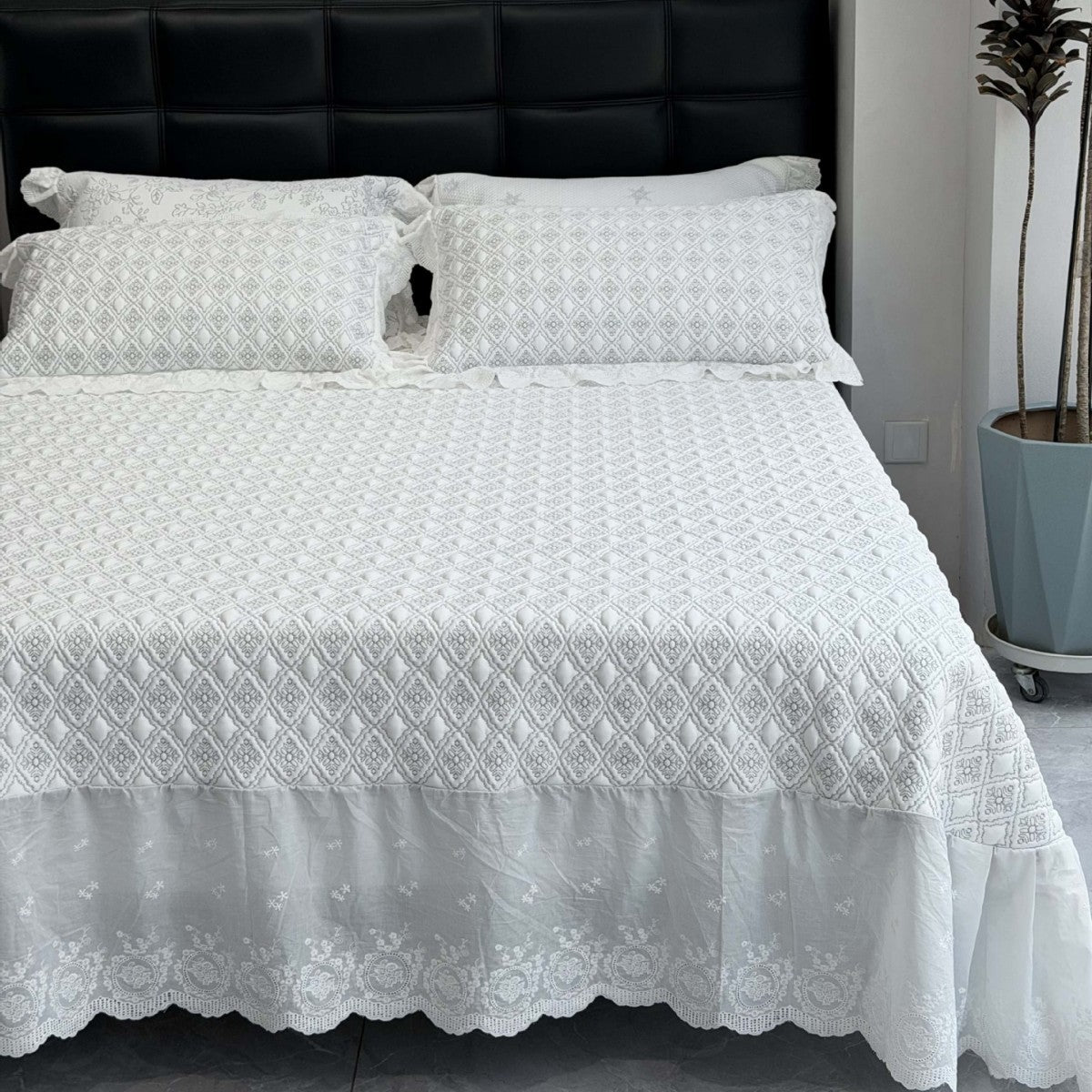 Quilted cotton bedspread set with honeycomb quilting, lace trim, and matching pillow covers