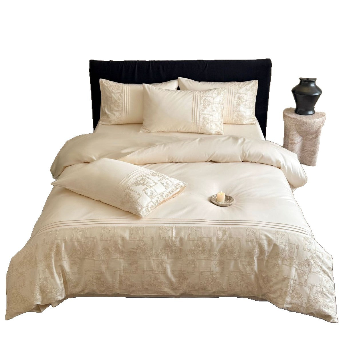 Satin bedding set with woven relief patterns and extra fine thread count