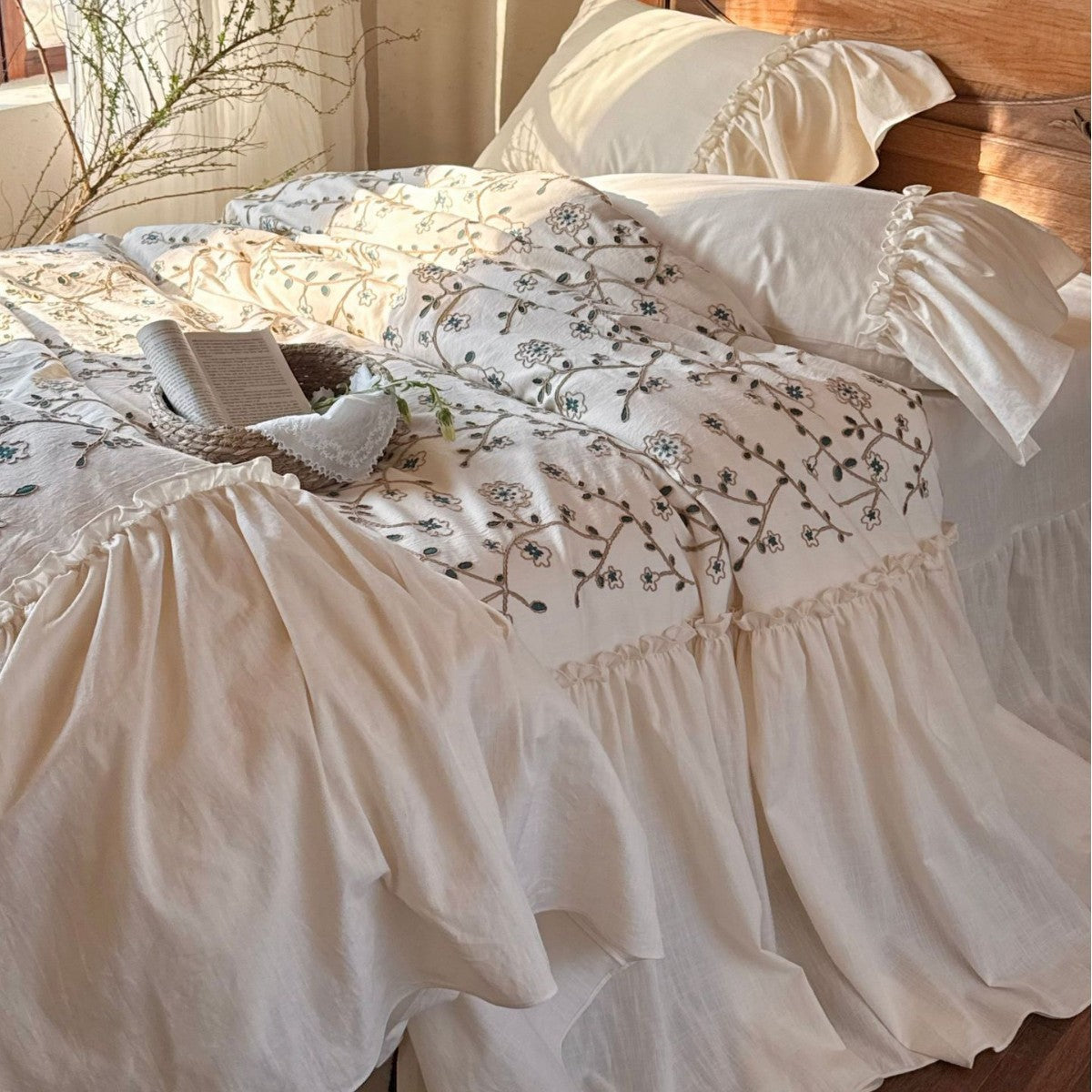 Bedding set with floral embroidered cover, gathered ruffle and cotton texture