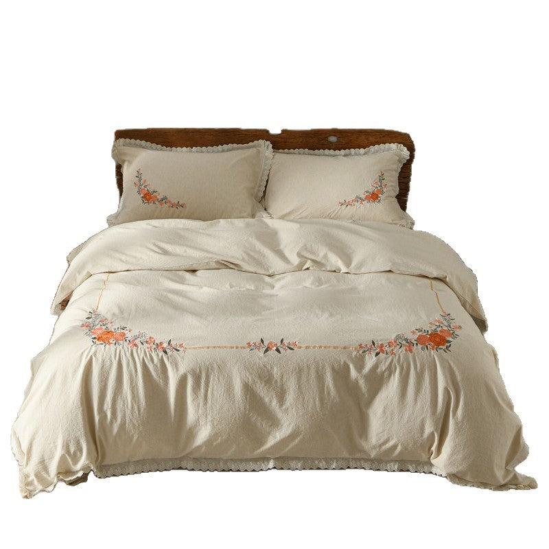 Linen-Cotton Duvet Cover Set with Floral Embroidery and Lace Edge