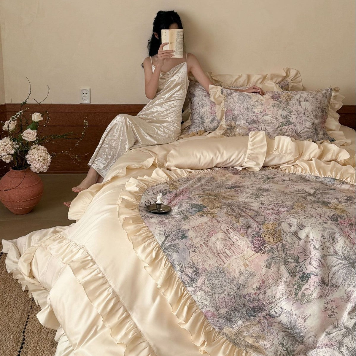 Romantic satin bedding set with ruffle and fine toile print
