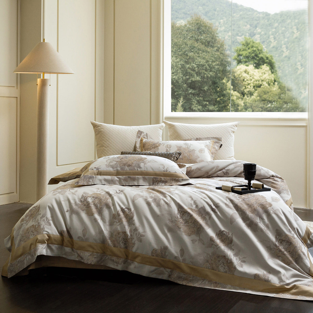 Cotton satin duvet cover set with delicate watercolor floral print, piped edge and matching pillowcases