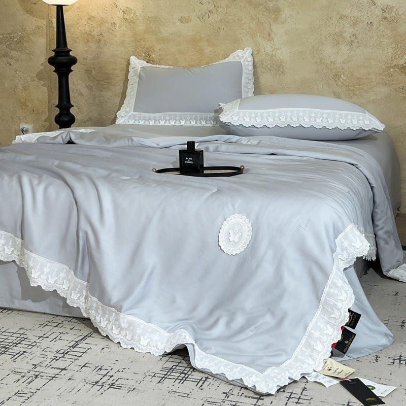 Cotton satin duvet cover set with decorative lace appliqué and embroidered medallion