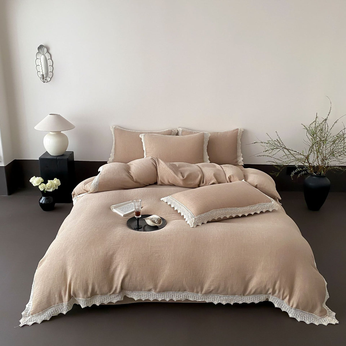 Linen-Cotton Duvet Cover Set with Crochet Lace Edge and Washed Finish